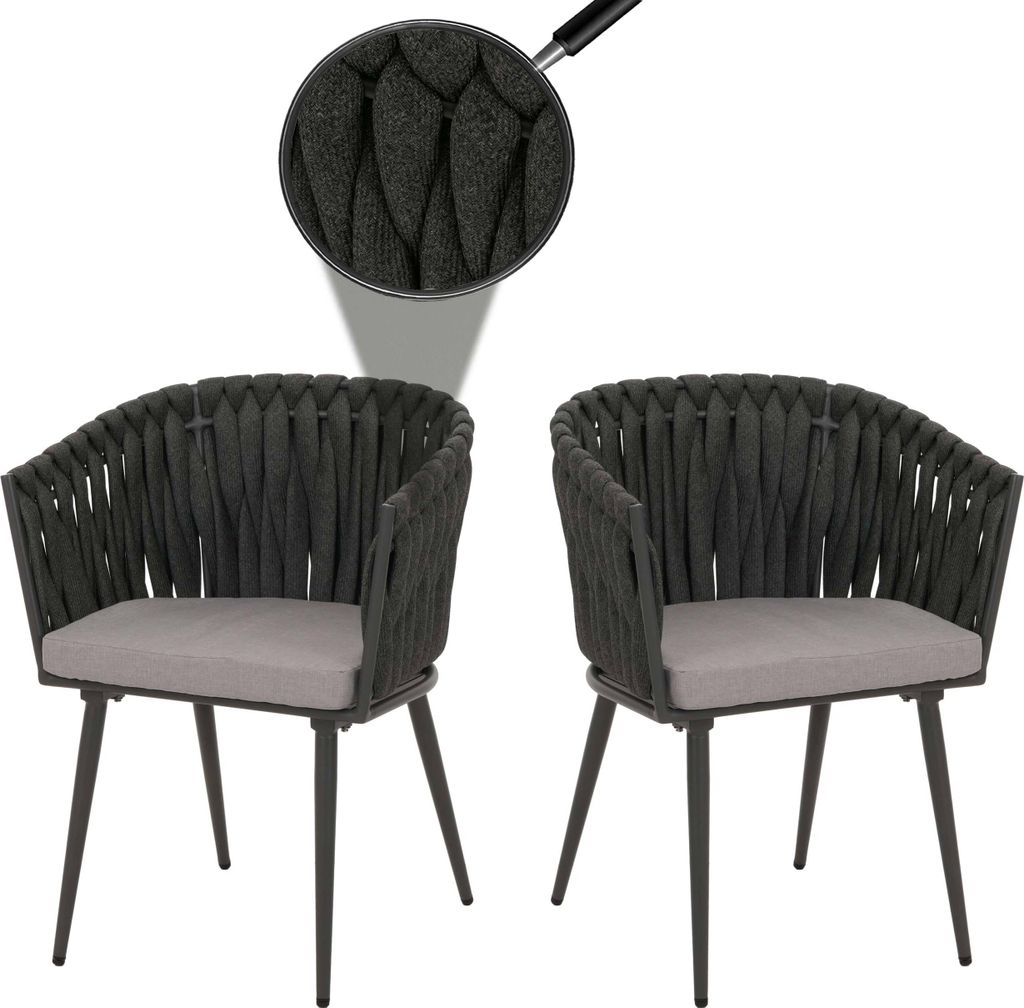 2er-Set Aluminium-Esszimmerstuhl HWC-N38, Indoor Stuhl Armlehne, Olefin Seilgeflecht Rope anthrazit Kissen hellgrau