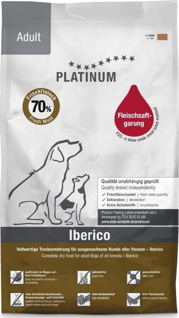 A bag of PLATINUM Adult Iberico dog food.