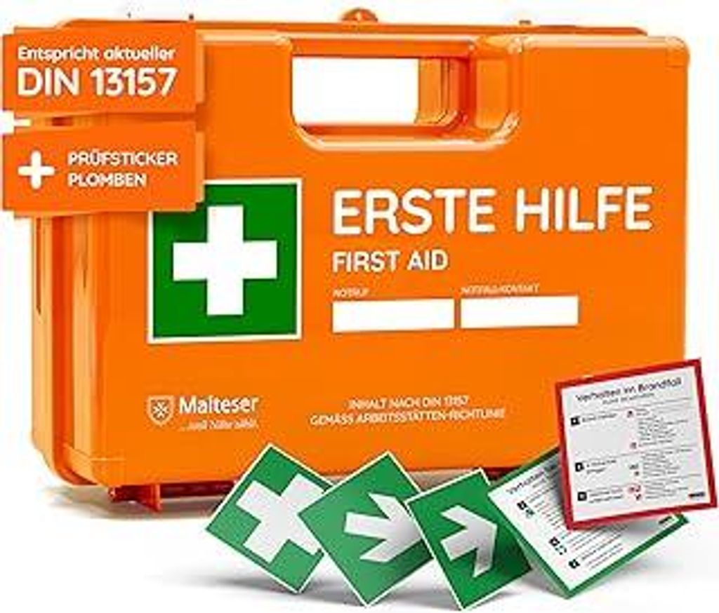 Erste Hilfe Koffer nach neuer DIN 13157:2021 | Gefüllt, inkl. Wandhalterung, 5x Aufkleber, Prüfsticker & 3x Plomben | Erste Hilfe Kasten/Verbandk...