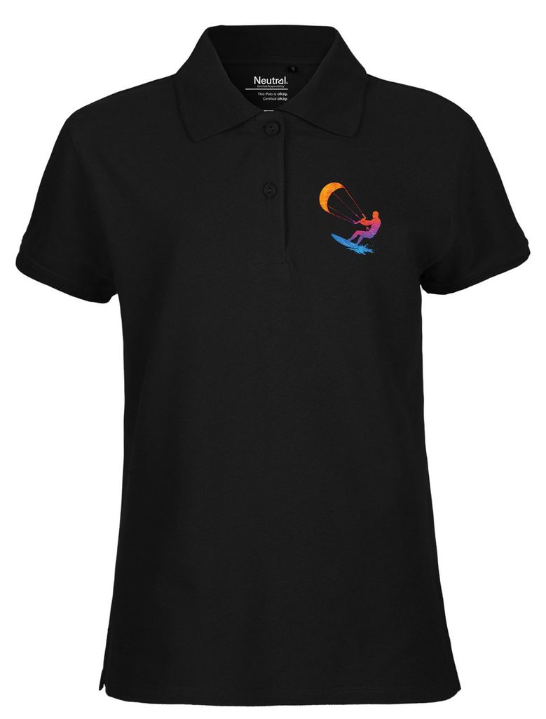 Huuraa Damen Polo Shirt Kitesurfen bunte Silhouette L Black Bio Baumwolle Fairtrade Poloshirt Geschenkidee