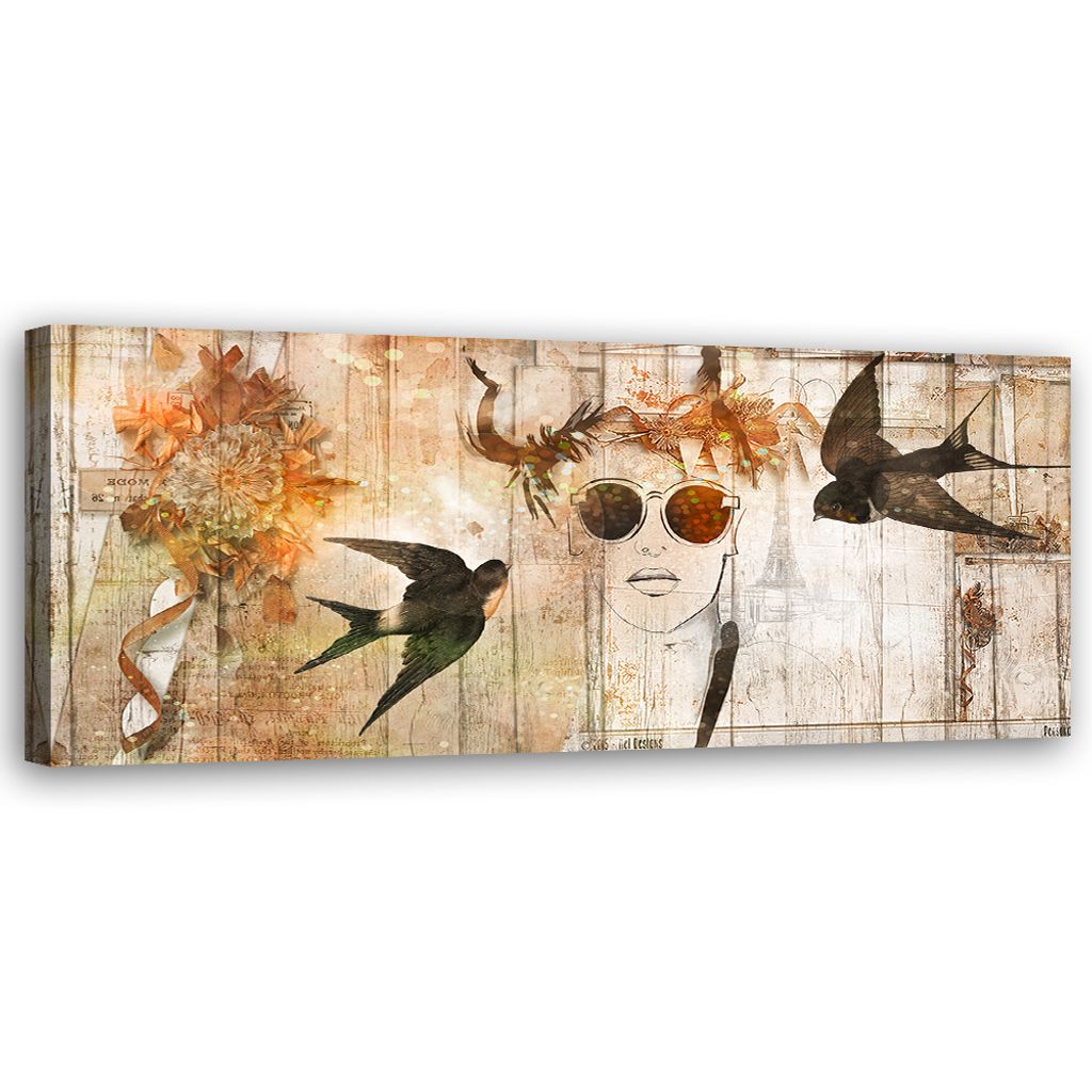 Leinwandbild Frau und Vögel 90x30 Feeby Beige bild für die wand bereit zum aufhängen