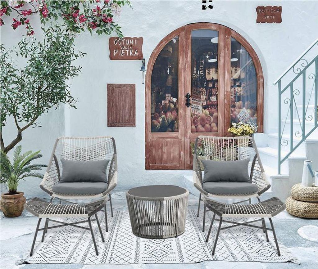 Happy Home 5 tlg Garten Set aus weißem und schwarzem Rattan mit Sitzkissen für Terrasse Balkon dunkelgrauen