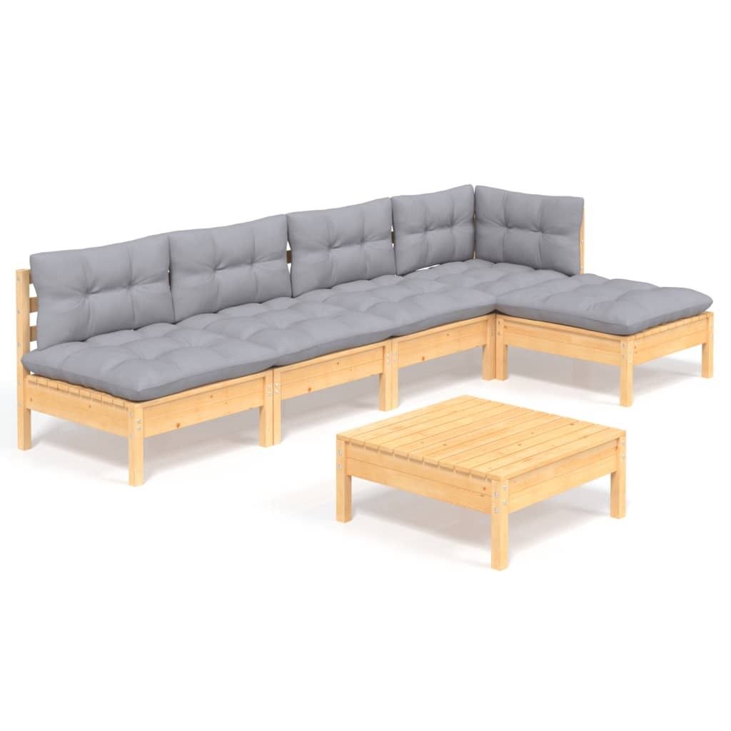 6-tlg. Garten-Lounge-Set mit Grauen Kissen Kiefernholz