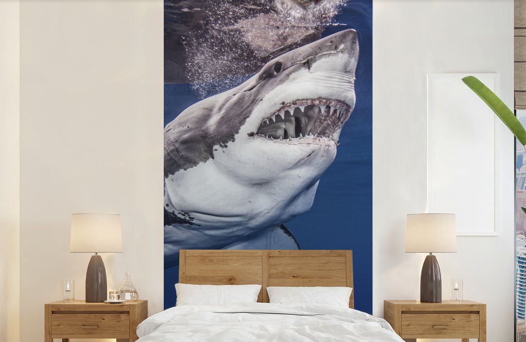 MuchoWow Fototapete für Wohnzimmer oder Schlafzimmer Wandtapete Vinyl Motivtapete Menschlicher Hai - 120x240 cm - Hintergrundbild