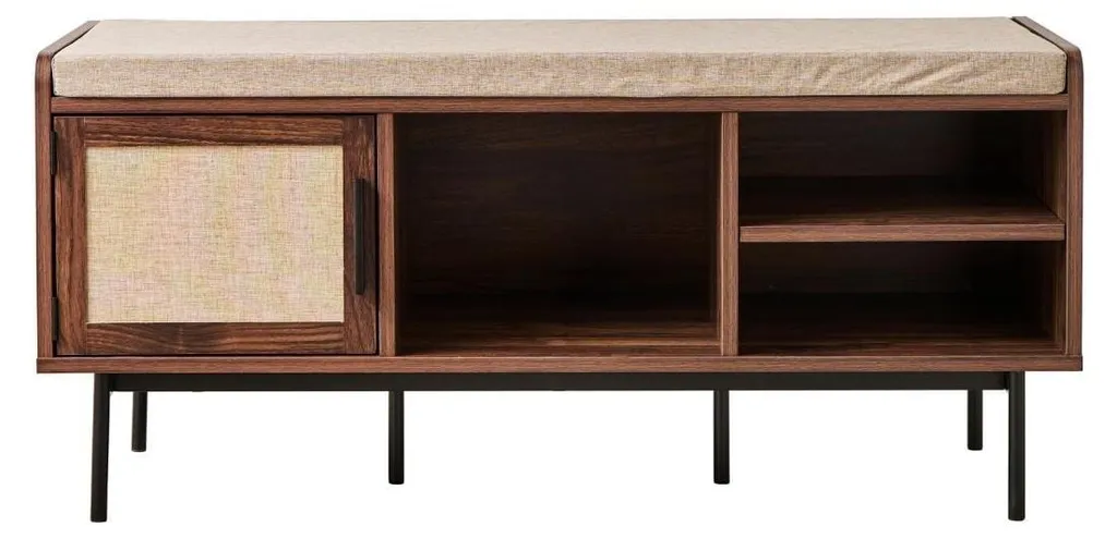 CALICOSY JETSON - Banc d'entrée en noyer avec porte en tissu chiné