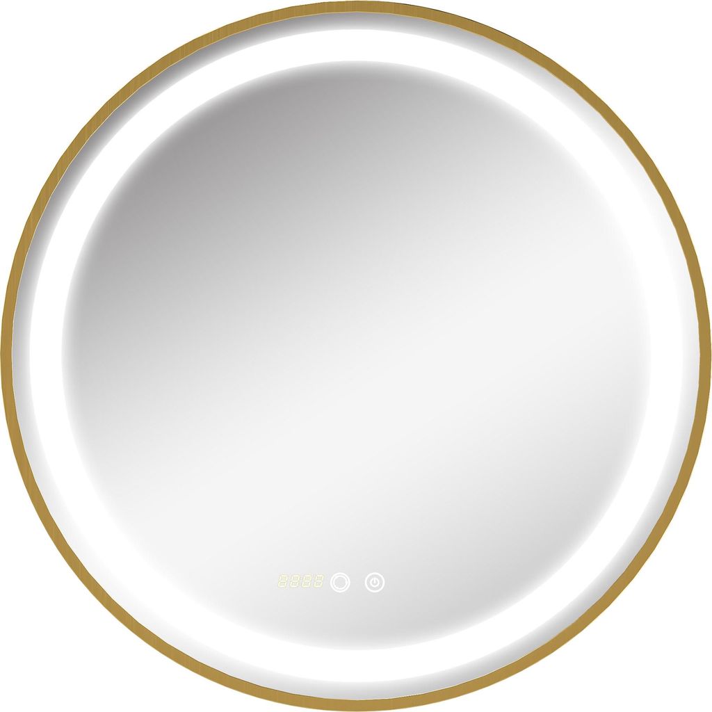 Runder Spiegel mit LED-Beleuchtung. Uhrzeitanzeige. Memoryfunktion. Gold + Silber