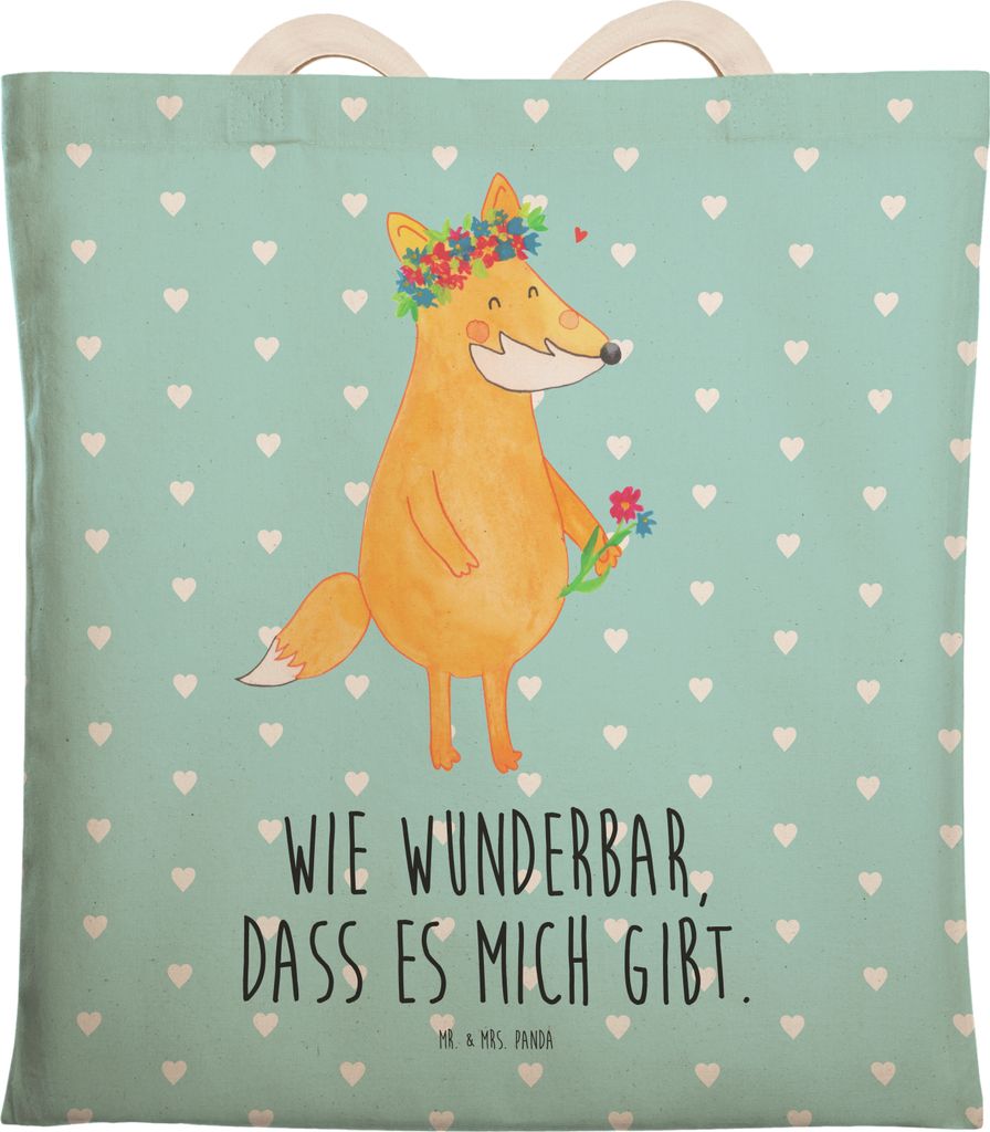 Mr. & Mrs. Panda Tote Bag Fuchs Blumen - Türkis Pastell - Geschenk, Ich, Liebe, großer shopper, Stofftragetasche, Einkaufstasche, Tragetasche, Bo...