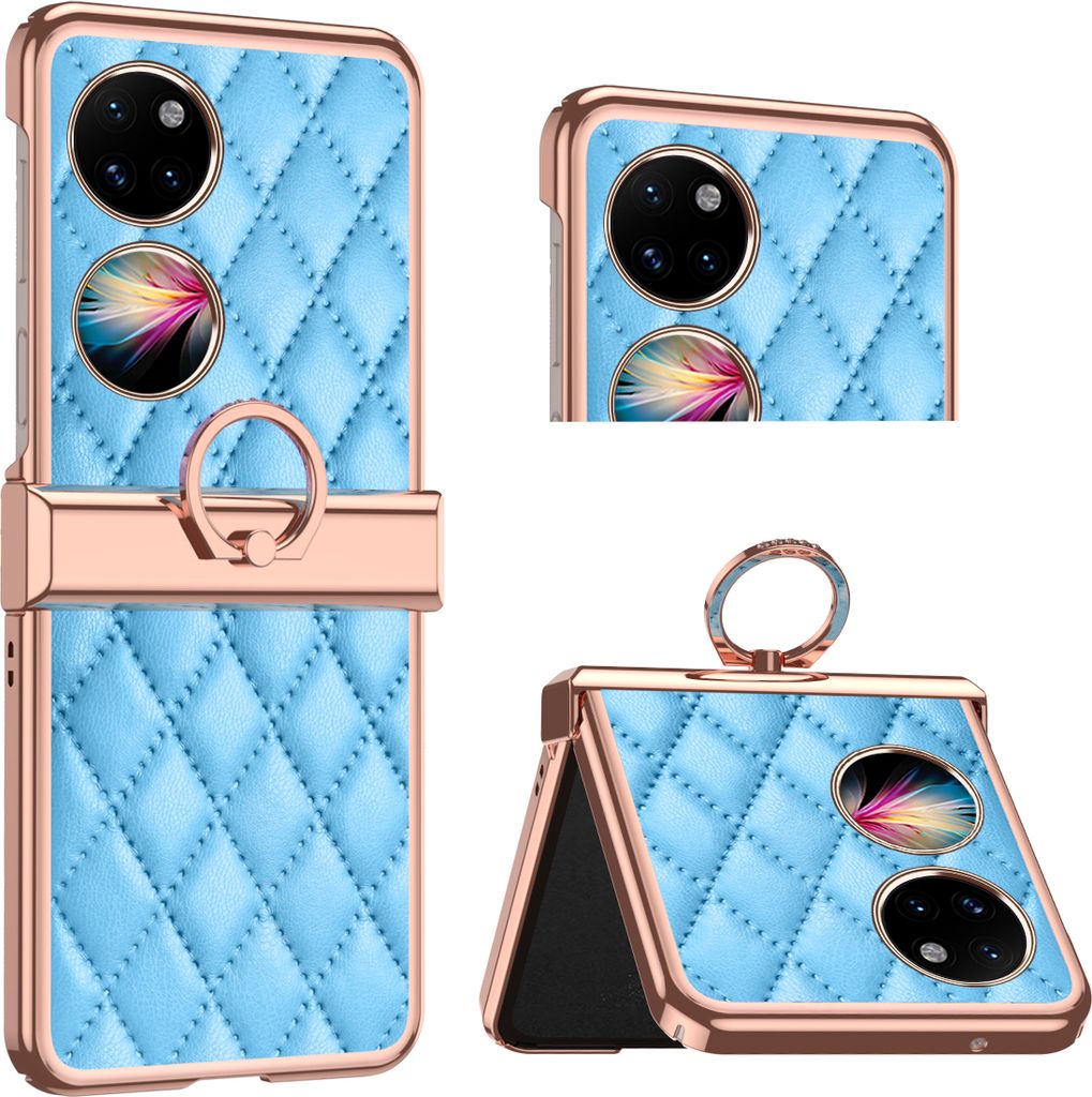 Luxus Leder Muster Galvanik Handyhülle für Huawei P50 Pocket mit Ringhalterung und Scharnierschutz Blau