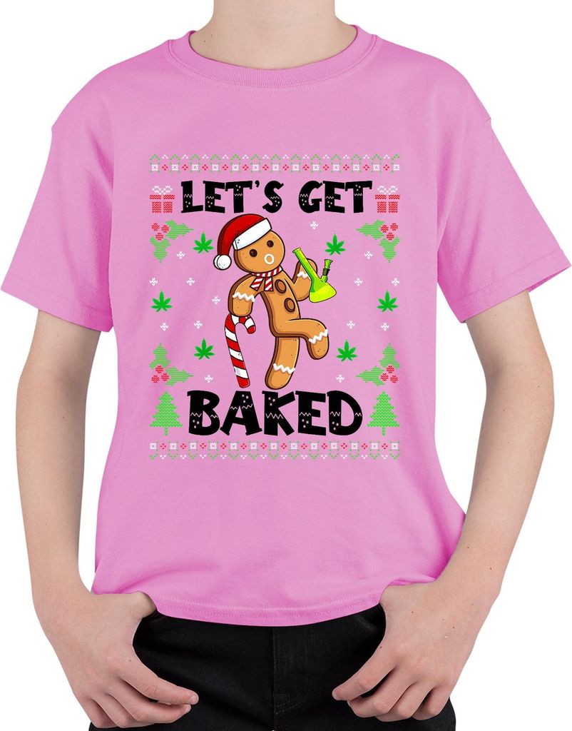 Let's Get Baked Lebkuchenmann Cannabis Weihnachten lustig Party Uni Kinder T-Shirt, Pink, 152