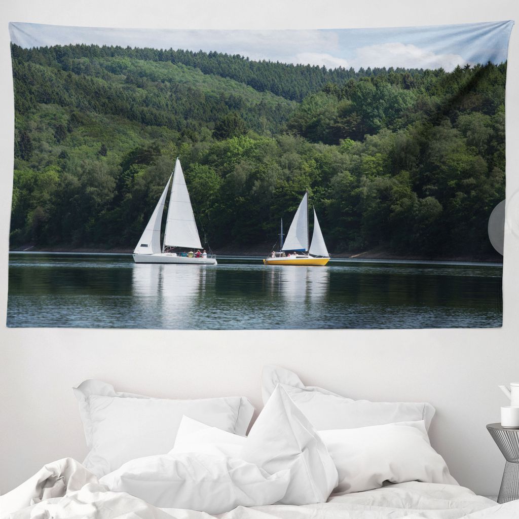 ABAKUHAUS Natur Wandteppich, Segelboote auf einem See aus Weiches Mikrofaser Stoff Waschbar ohne Verblassen Digitaldruck, 230 x 140 cm, Grün Weiß