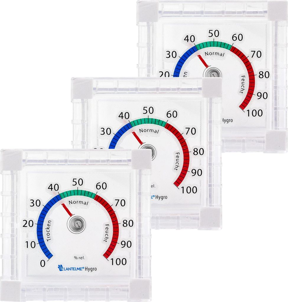 Three white and clear hygrometers are arranged in a collage.