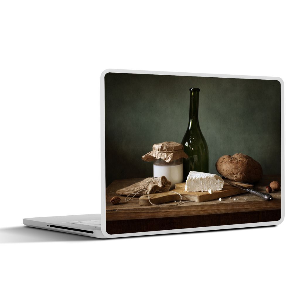 MuchoWow Laptop Aufkleber Sticker Cover Rustikal - Brie - Stillleben - Flasche - Brot 30x21 cm - Sticker für Laptop - Selbstklebend