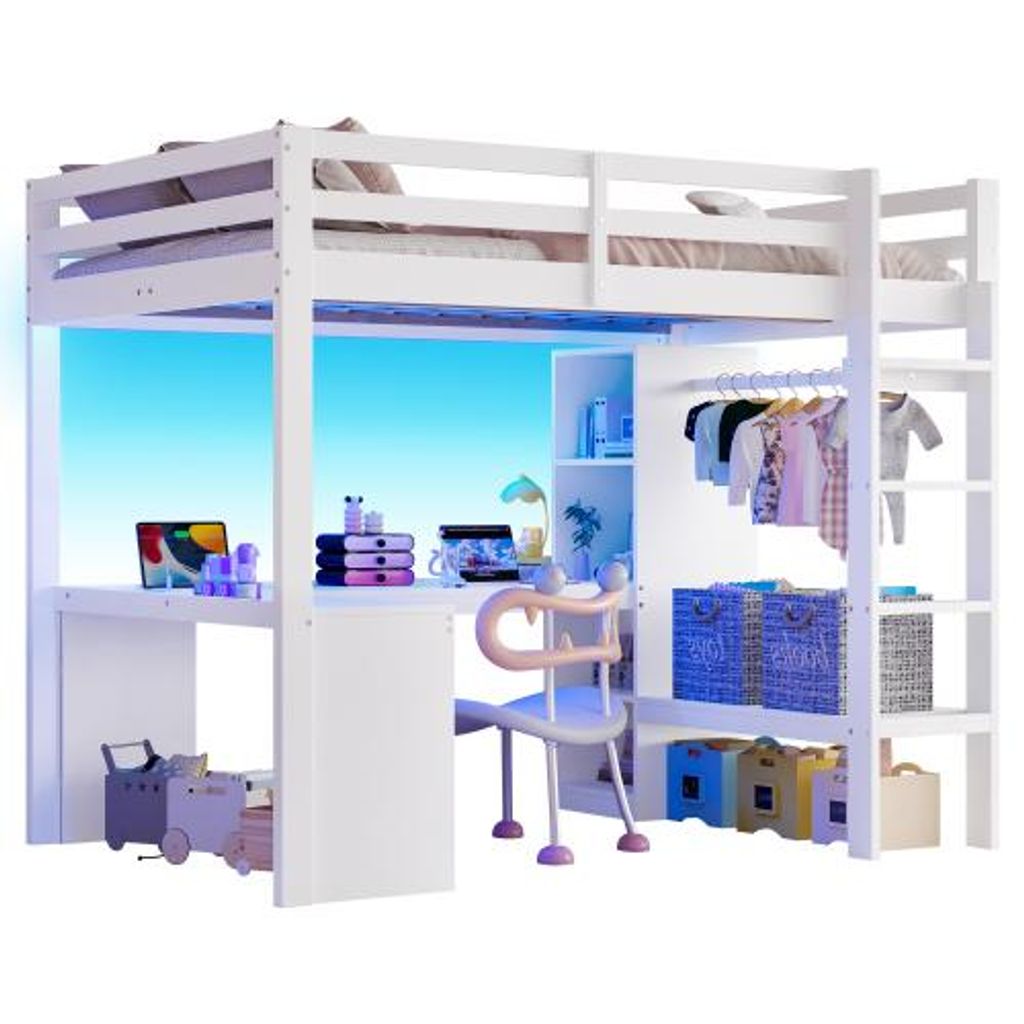 Hochbett mit Eckschreibtisch, RGB LED-Streifen, Lattenrost, Leiter, Bücherregal, Kleiderstange, USB und Type-C, 140x200 cm, Kinderbett, Kiefer