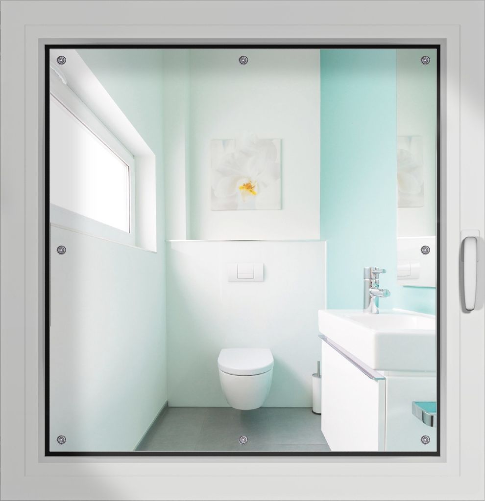 Wallario Lichtschutzbild, Dekorativer Sichtschutz Sonnenschutz 96 x 100 cm mit Motiv: Badezimmer Gästetoilette Innenansicht - WC und Waschbecken -...