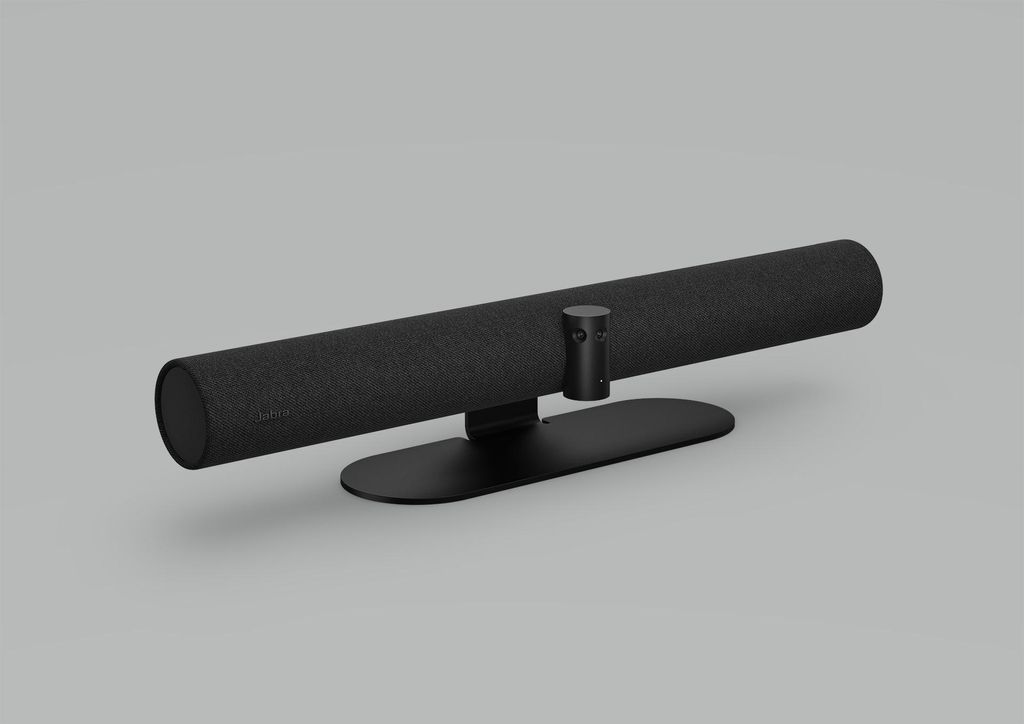 A black video conferencing bar on a stand, presented against a plain gray background.