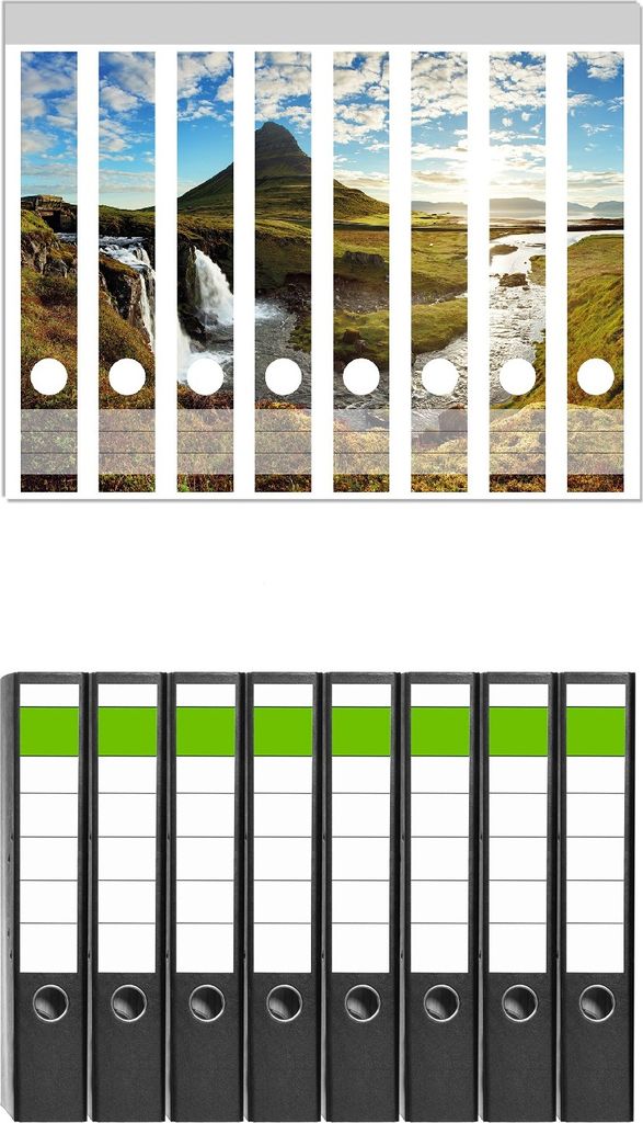 Wallario 8 Stück schmale Ordner inkl. Klebeetiketten mit Motive Island Panorama Fluss Berge und blauer Himmel - Set mit Rückenschildern / Ordne...