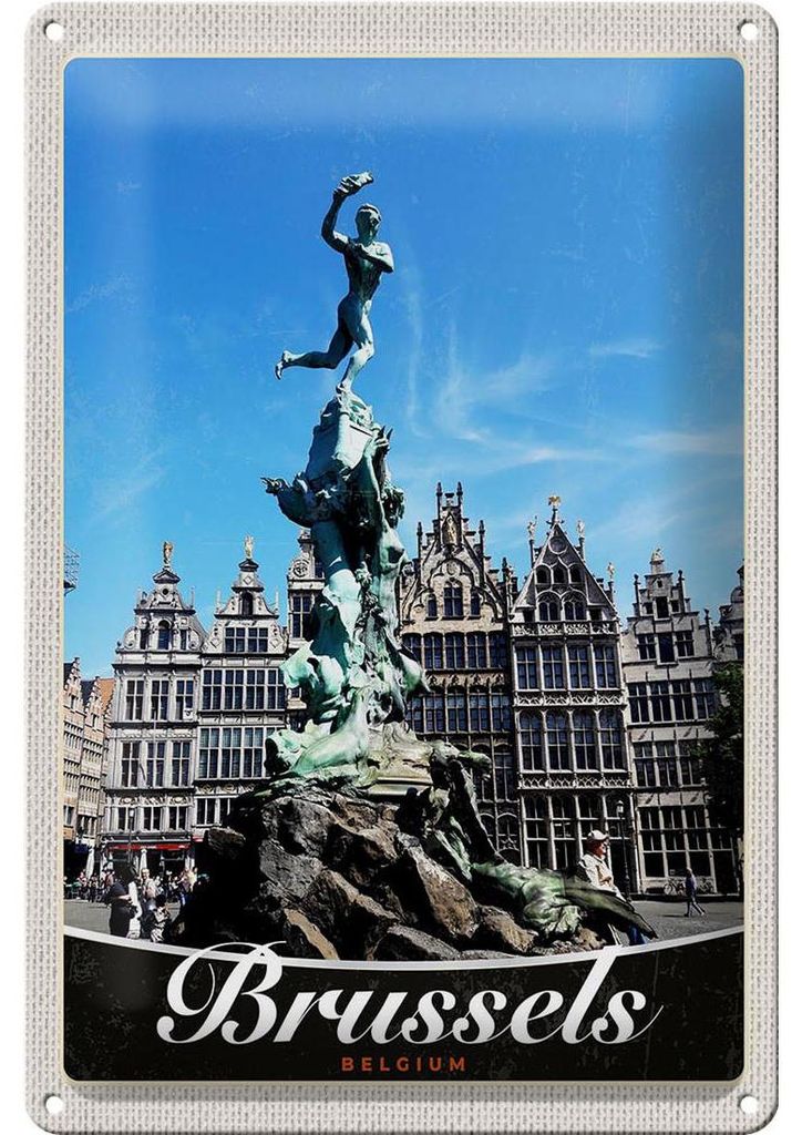 Blechschild Reise 20x30cm Belgien Brüssel Antwerpen Skulptur