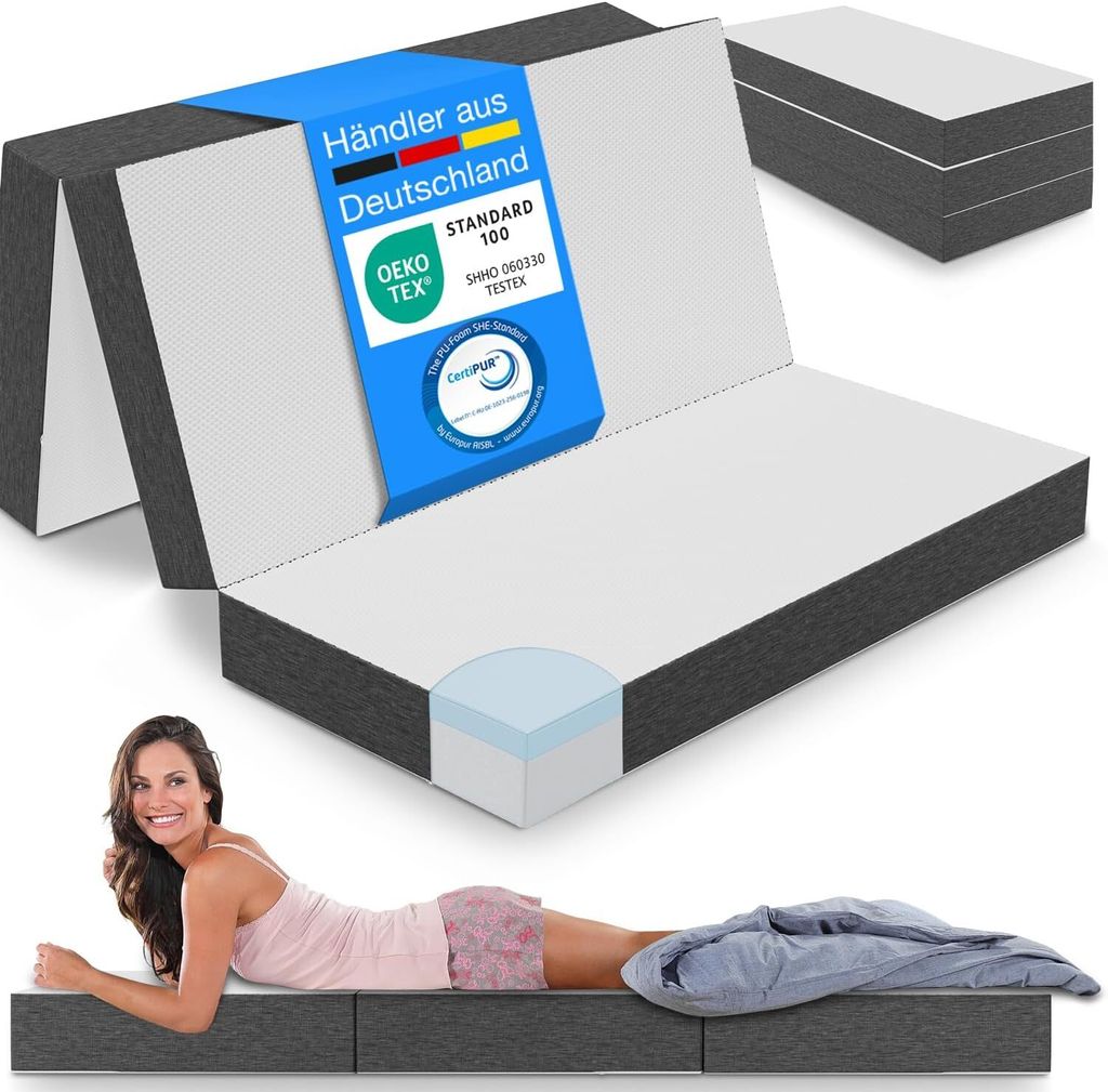 ELONEO Premium Visco Klappmatratze 160x200 cm, extra hoch 15 cm, Gästematratze klappbar, Faltmatratze, Faltbare Matratze, Bandscheibenwürfel, Rei...