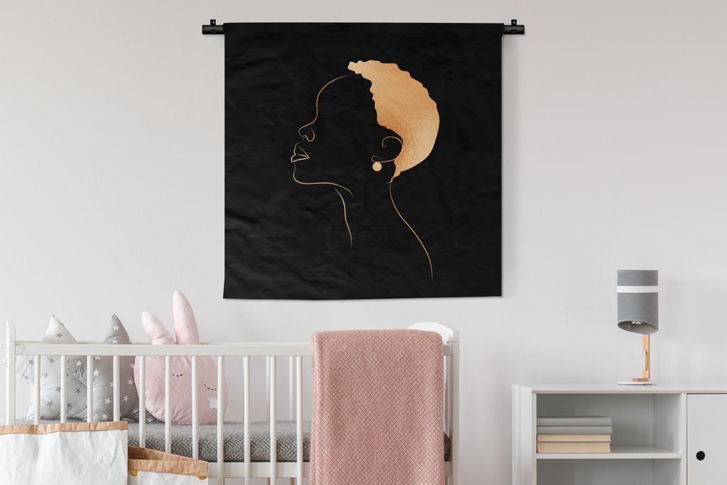 MuchoWow Wandteppich Wandbehang Frau - Schwarz und Gold - Strichzeichnung 90x90 cm Tapisserie Dekoration Wandtuch - Wandaufhänger