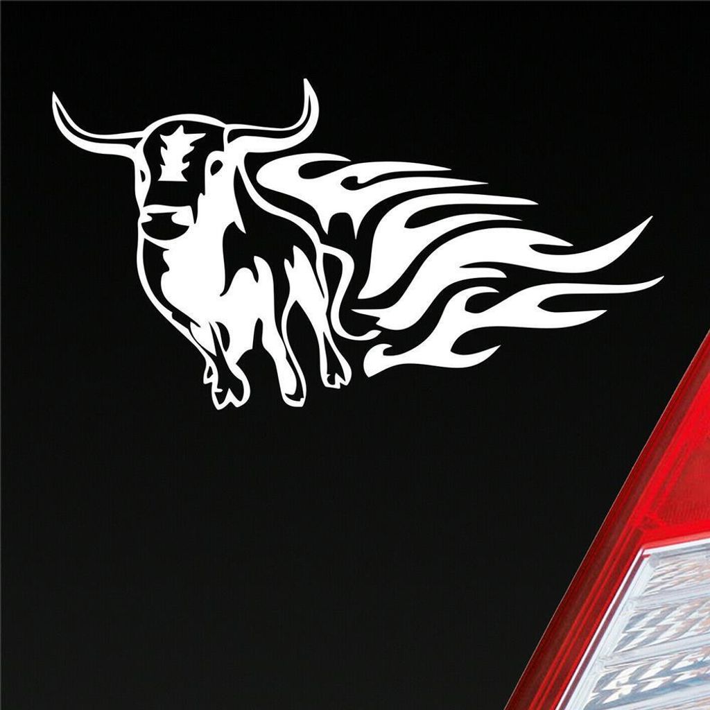 Auto Aufkleber Stier Tribal Flammen Hot Flame Bull Tattoo 14x8 cm Weiss Glanz Sticker Heckscheibenaufkleber