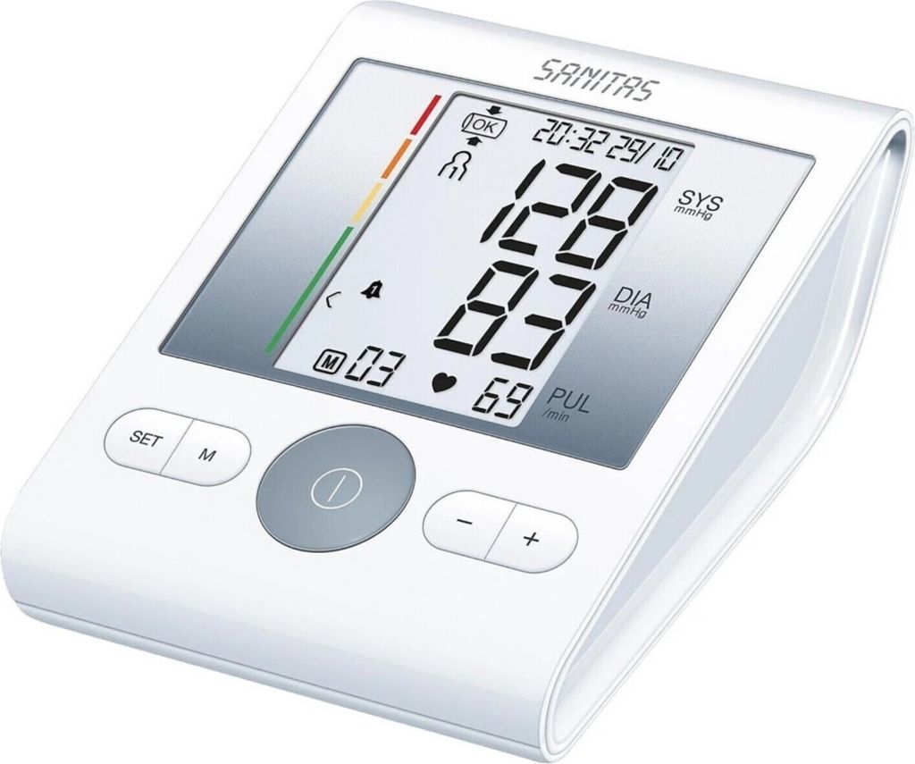 A white digital blood pressure monitor is shown from a slightly elevated front-left angle on a white background.