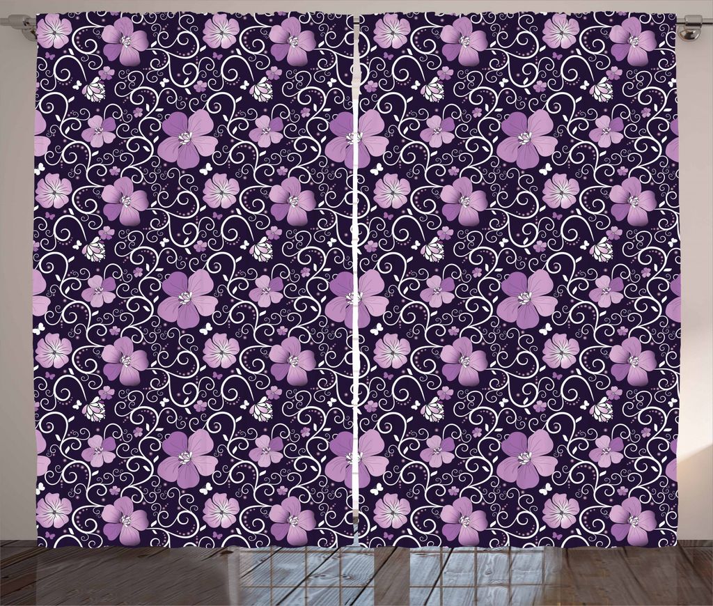 ABAKUHAUS Blumen Rustikaler Gardine, Blumen-Patterned Entwurf, Schlafzimmer Kräuselband Vorhang mit Schlaufen und Haken, 280 x 245 cm, Lila Dark P...
