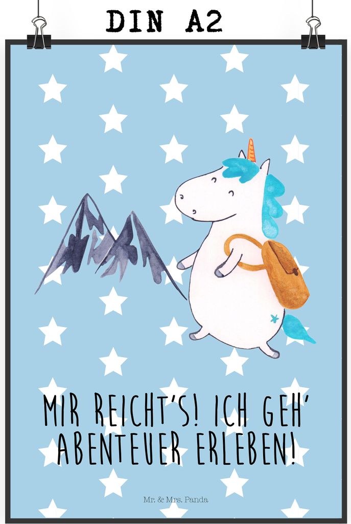Mr. & Mrs. Panda Poster Einhorn Bergsteiger DIN A2 - Blau Pastell - Geschenk, Wandbild, Einhörner, Urlaub, Unicorn, Reisen, drucke, Posterdruck, K...