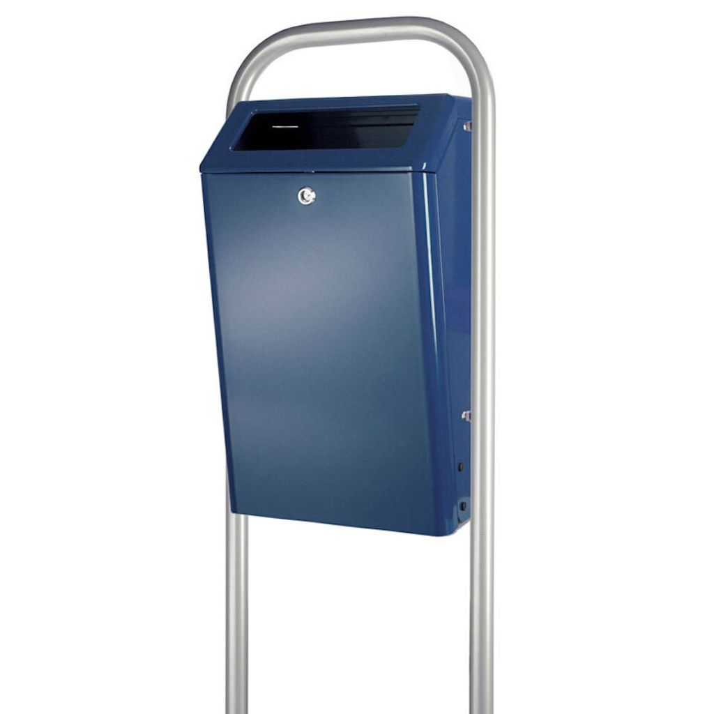 Aluminium feuerfester Abfallbehälter für den Außenberreich offen | 50 Liter, HxBxT 72,5x40x30,5cm | Gestell- oder Wandmontage | Blau