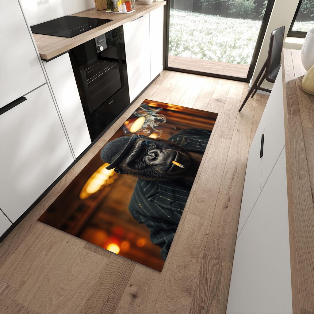 Küchenteppich 90x180cm rutschfest & abwischbar PVC Läufer - Rauchender Gorilla
