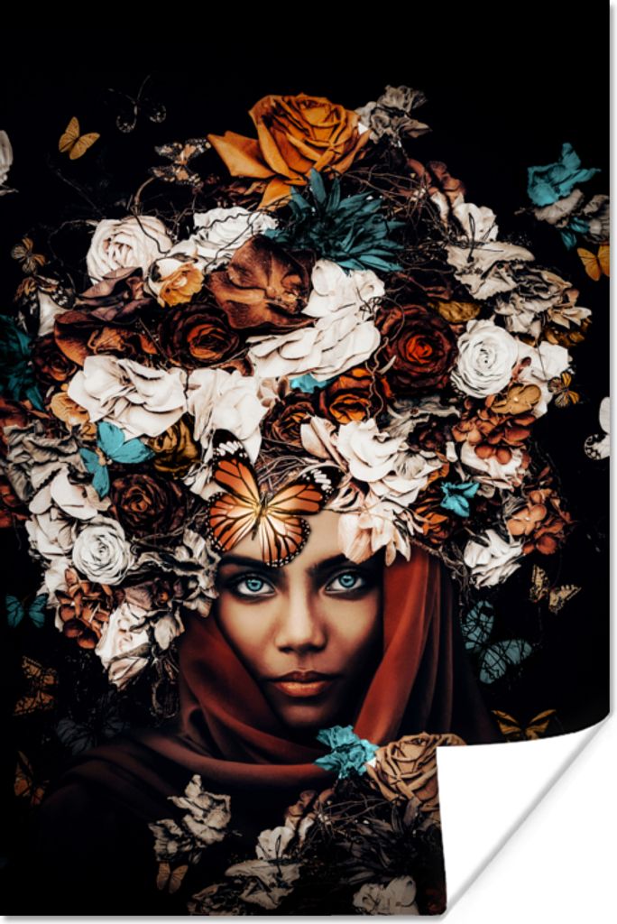 MuchoWow Poster Blumen - Schmetterling - Frauen - Kopftuch 120x180 cm - Kunstposter