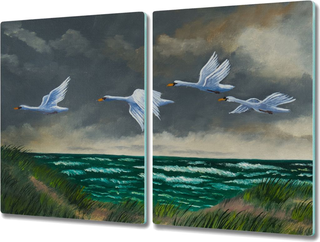 Coloray Kochplattenabdeckung Herdabdeckplatte 2x40x52 cm Hackbrett Schneidebrett Küchenbrett - Seevögel Himmel Schwan