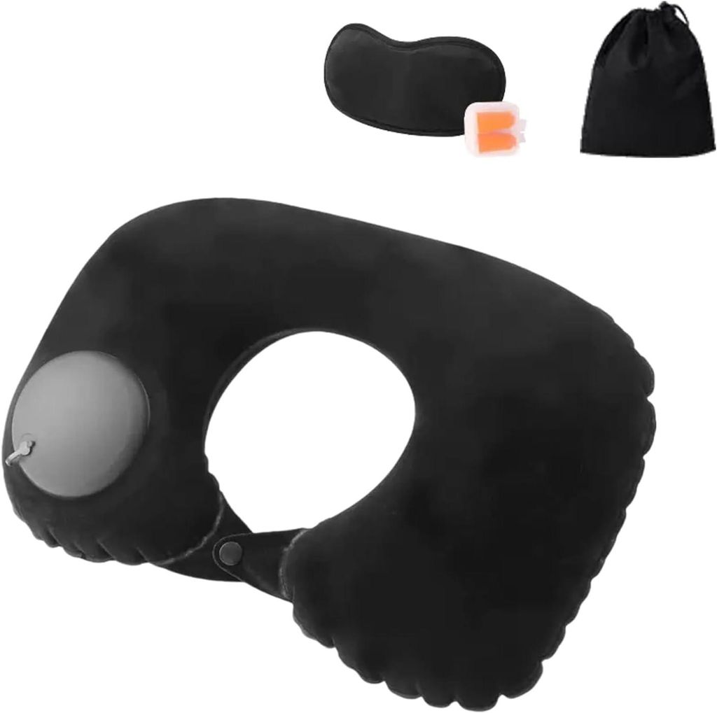 aufblasbares Nackenkissen mit Tragetasche, Schlafmaske + Ohrstöpsel, ideal für Flugzeug/Zug