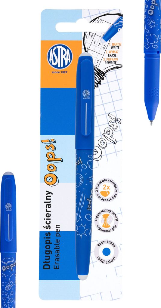 Gummierter Stift OOPS! 0,6 mm, blau, zwei Radiergummis, Blister, 201319002