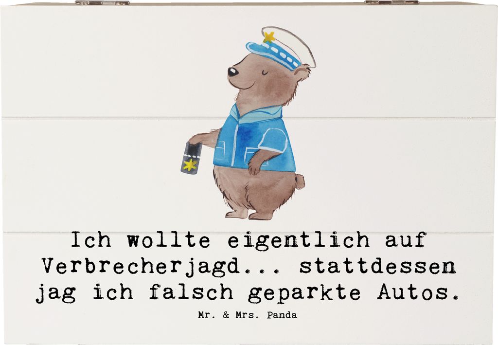 Mr. & Mrs. Panda Holztruhe Polizist im Alltag 22 x 15 cm - Weiß - Geschenk, fotobox, Anerkennung, Mut, Erinnerungsbox, Ordnungshüter, Wertschätz...