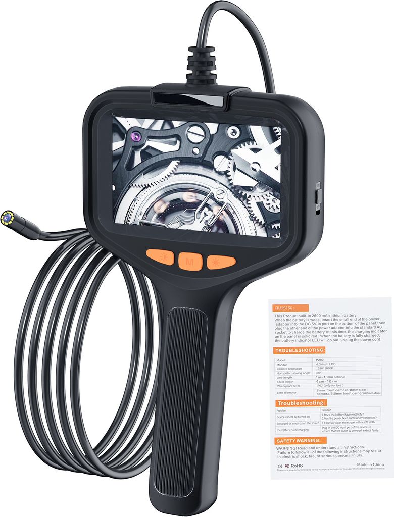 2m 1080P HD Endoskopkamera Doppelobjektiv-Inspektionskamera mit Licht, Industrie-Endoskop, IP67 flexible Kabel-Kanalkamera, mit 8+1 LEDs