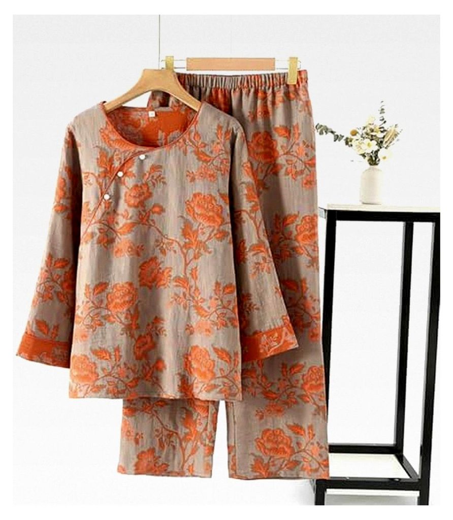 Damen Kimono Musselin Schlafanzug Set mit Blumenmuster, traditionelle japanische Kleidung, Langarmbluse mit Knopfleiste und lange Hose, zweiteilige...