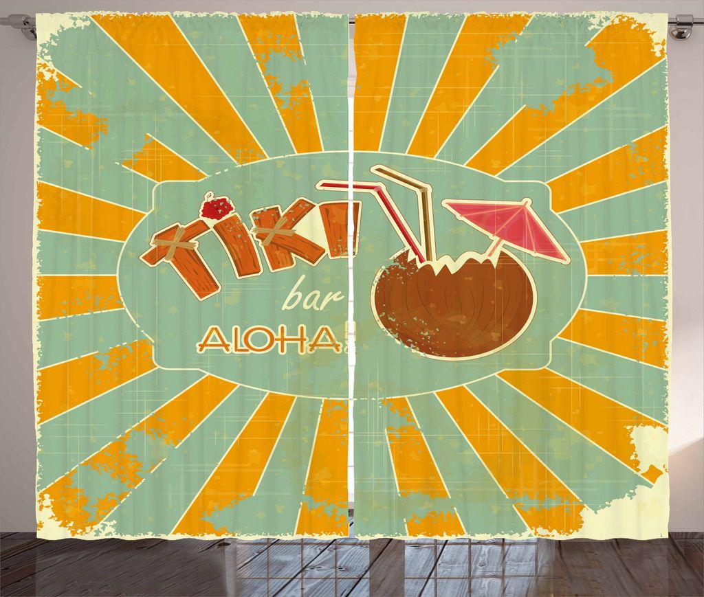 ABAKUHAUS Tiki Bar Rustikaler Gardine, Aloha-Spaß-Party, Schlafzimmer Kräuselband Vorhang mit Schlaufen und Haken, 280 x 175 cm, Mandelgrün Orange