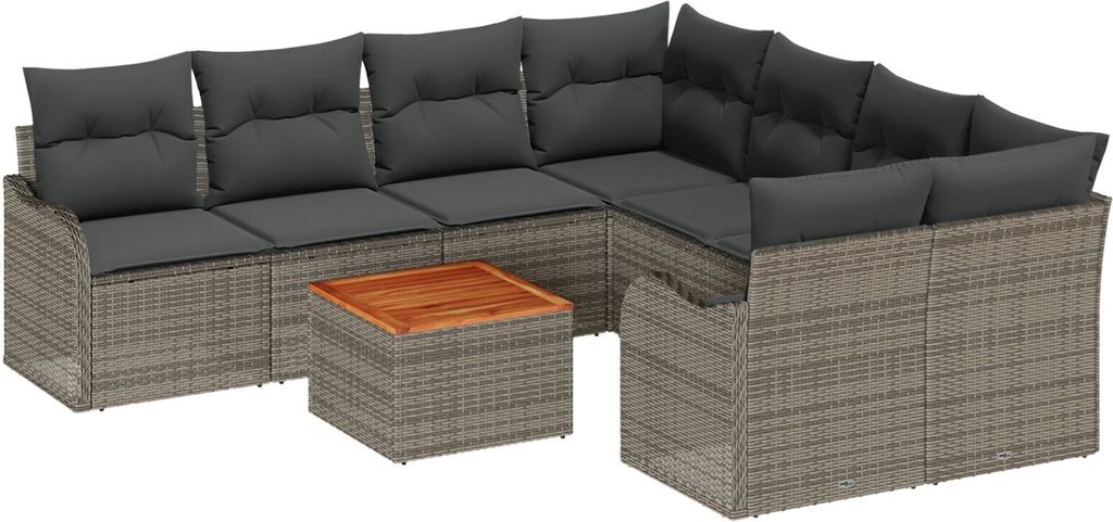 Möbel 9-Teiliges Garten Sofa Set mit Kissen in Grau Poly Rattan und Akazie, 2-Sitzer Garten Sofa mit Stauraum & Kissen in Grau Poly Rattan - Garte...