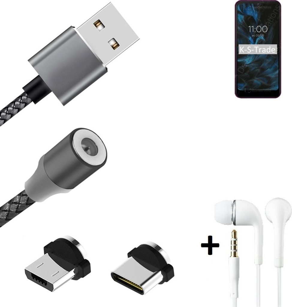 K-S-Trade Hochwertiges Magnet-Lade-kabel Sync-Kabel Daten-Kabel + Kopfhörer für BQ Mobile BQ-6353L Joy mit USB-Typ-C-Anschluss und