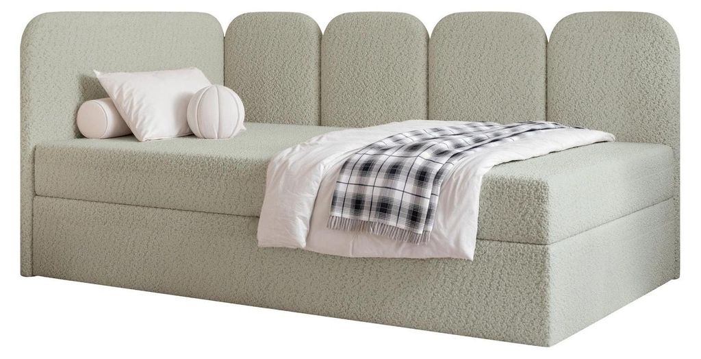 Jugendbett FINO 100x200 Links Bettkasten Bonellmatratze Graubeige Bouclé