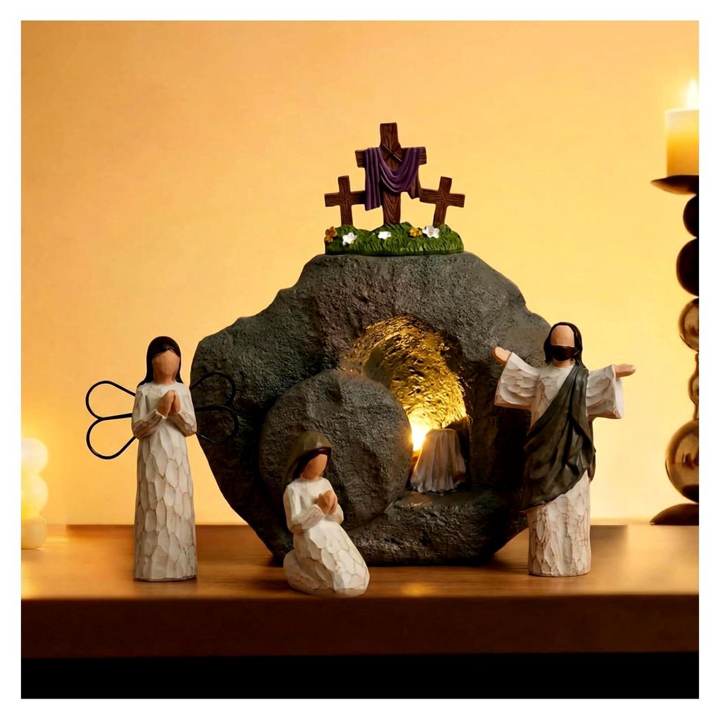 Osterdekoration aus Resin - 7-teiliges Set mit Jesusfigur und leerem Grab | Detailreiche Auferstehungsszene für die Osterzeit | Religiöses Kunsth...