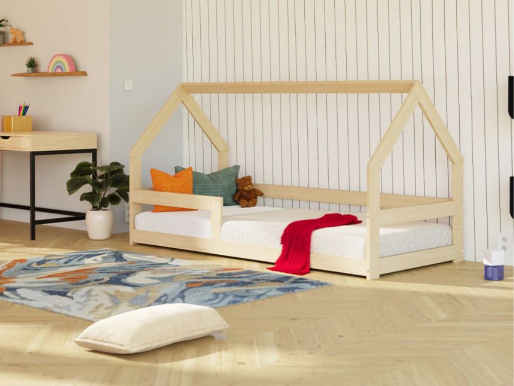 Niedriges Hausbett SAFE 8-in-1 aus Holz mit Barriere 120x200 cm Beige, Mit einer Barriere