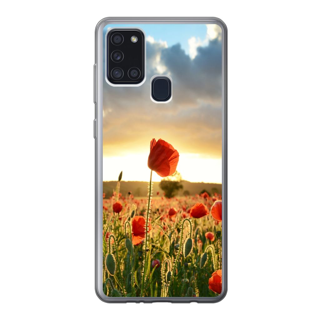 MuchoWow Handyhülle Schutzhülle Hülle für Samsung Galaxy A21s Bunter Himmel über vielen Mohnblumen Silikon Softcase Handy Hülle - Hartschale