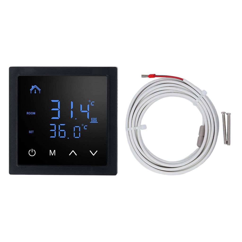 A black thermostat with a digital display and a coiled white wire with a red connector are shown against a white background.