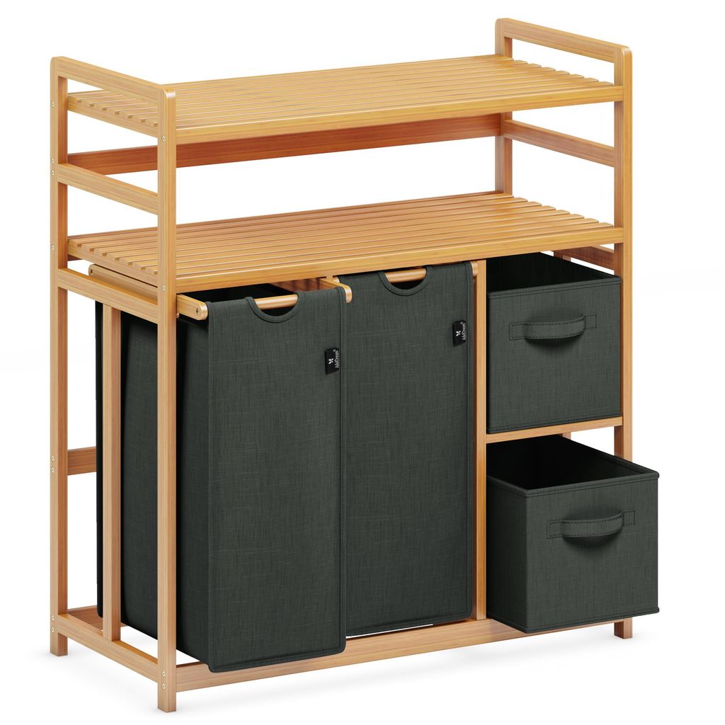 ADEL DREAM Wäschekorb 4 Fächer 2 Regale Wäschesammler 140L Wäscheboxen Mit Korb Wäschesortierer mit 2 Wäschesäcken & 2 Stoffboxen Dunkelgrau