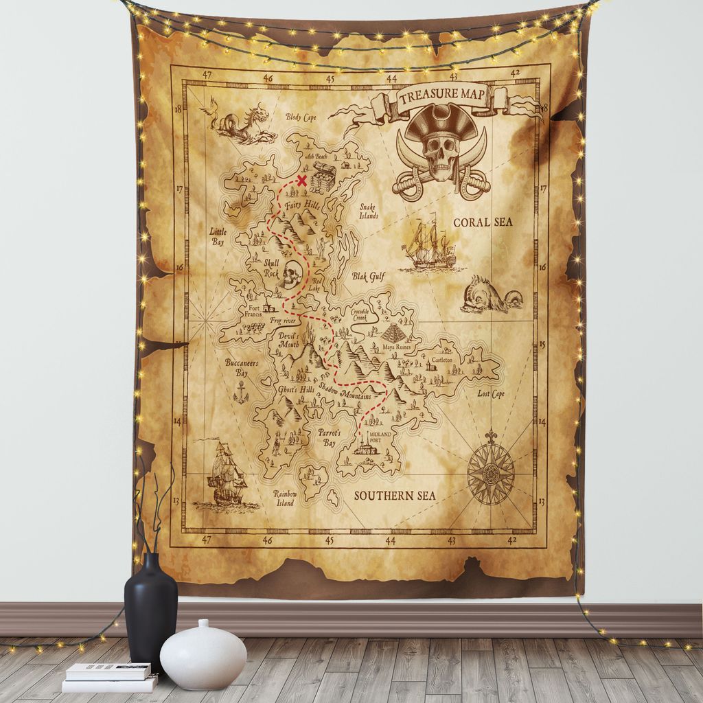 ABAKUHAUS Insel-Karte Wandteppich, Detaillierte Schatzkarte Grungy Rustikale Piraten Goldgeheime Geschichte Thema, Wohnzimmer Schlafzimmer Seidiger...