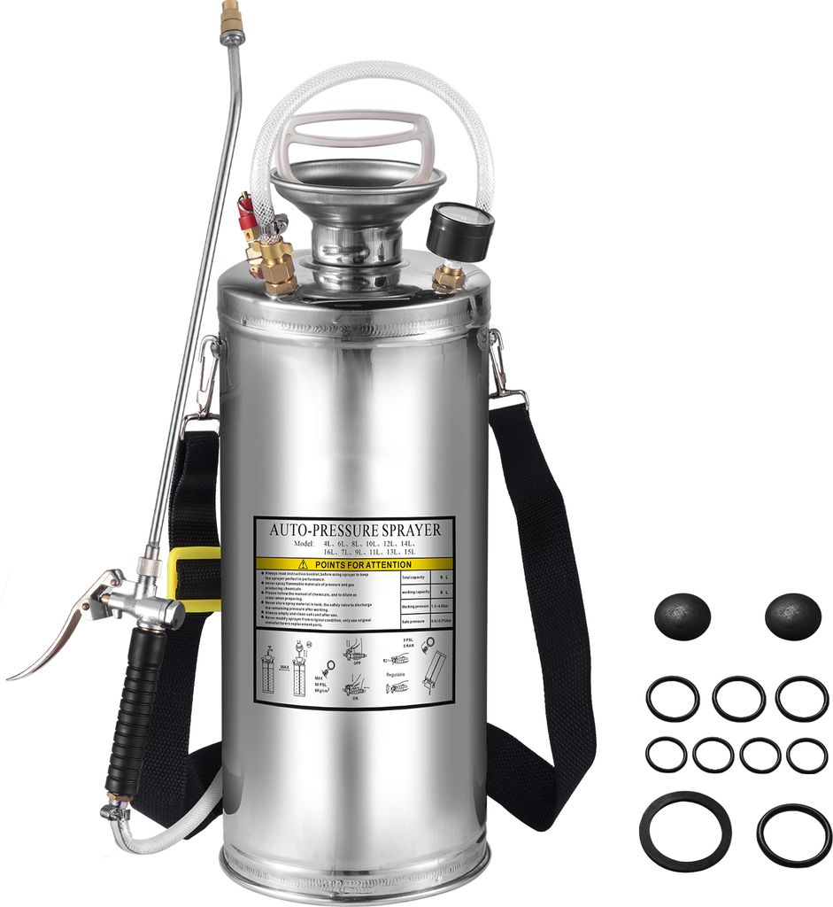 SucceBuy 8L Edelstahlsprühgerät, Haushaltssprühgerät für Gartenarbeit und Bodenreinigung, für Industrie, Landwirtschaft, Handel, Medizin und ...