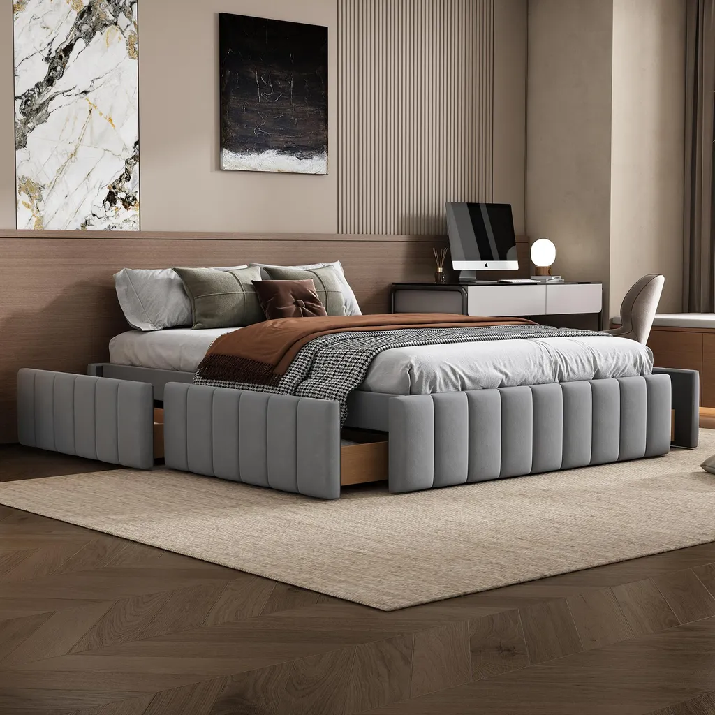 Lit 140x200cm gris pour chambre d'adulte, sommier à lattes tout confort