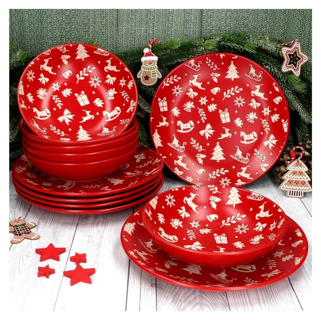 Advent 12-teiliges Tafelservice aus Steingut für 6 Personen in Rot mit Weihnachtsmotiven in Creme