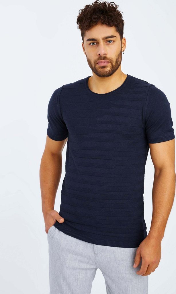 Leif Nelson Rundhals Herren T-Shirt Feinstrick Rundhals LN-7300, Blau / S